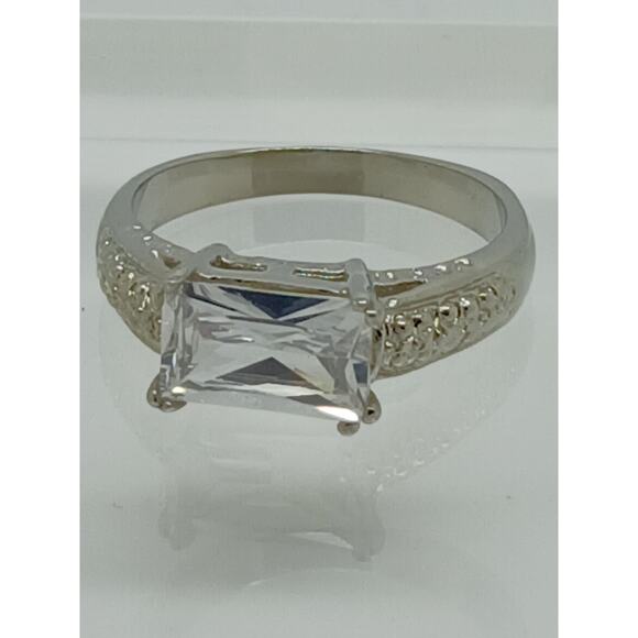 Vintage White Gold Plated CZ Engagement Ring 3.0 Carat Radiant Cut Stone Size 9 - Picture 3 of 10